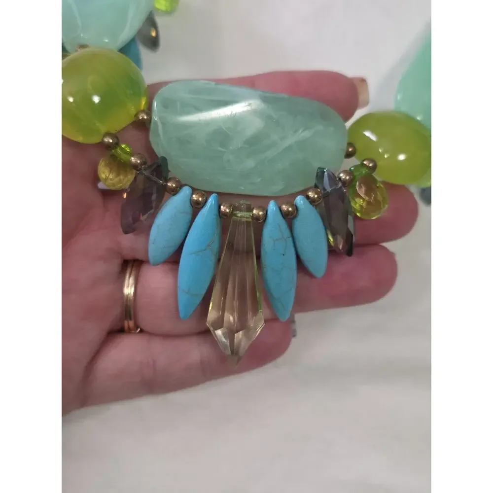 Vibrant Colorful Statement Necklace Green Blue Turquoise Stones Ribbon Closure